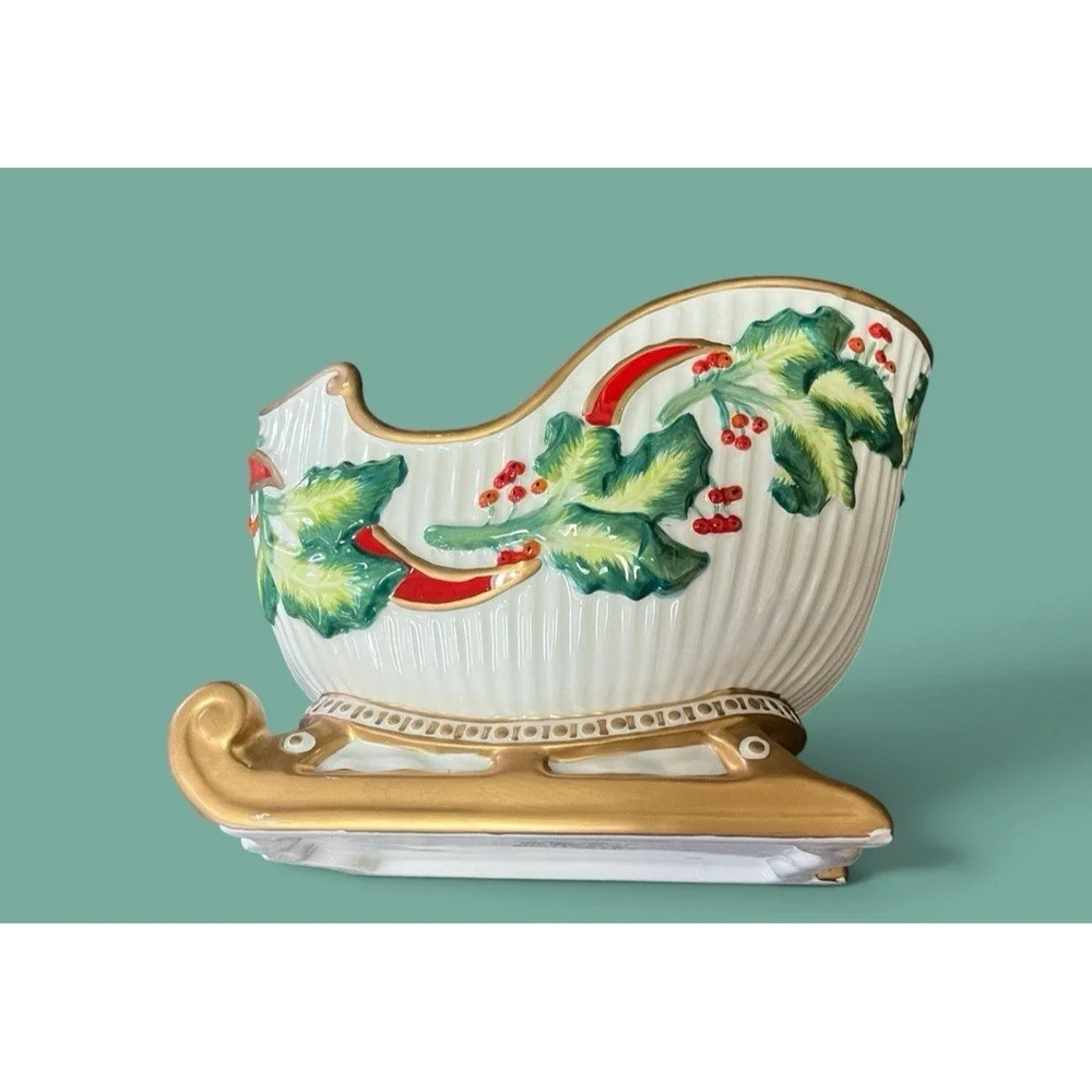 Fitz & Floyd Snowy Sleigh Ride Conforti Collection 2007 Planter Candy Bowl Xmas